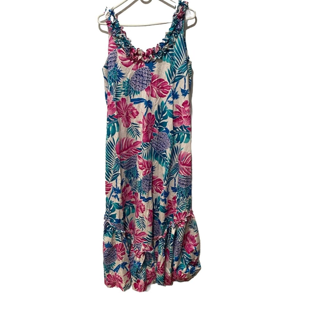 Vintage Hilo Hattie Hawaiian Muumuu Maxi Dress Floral‎ tropical Sz L Ruffled hem